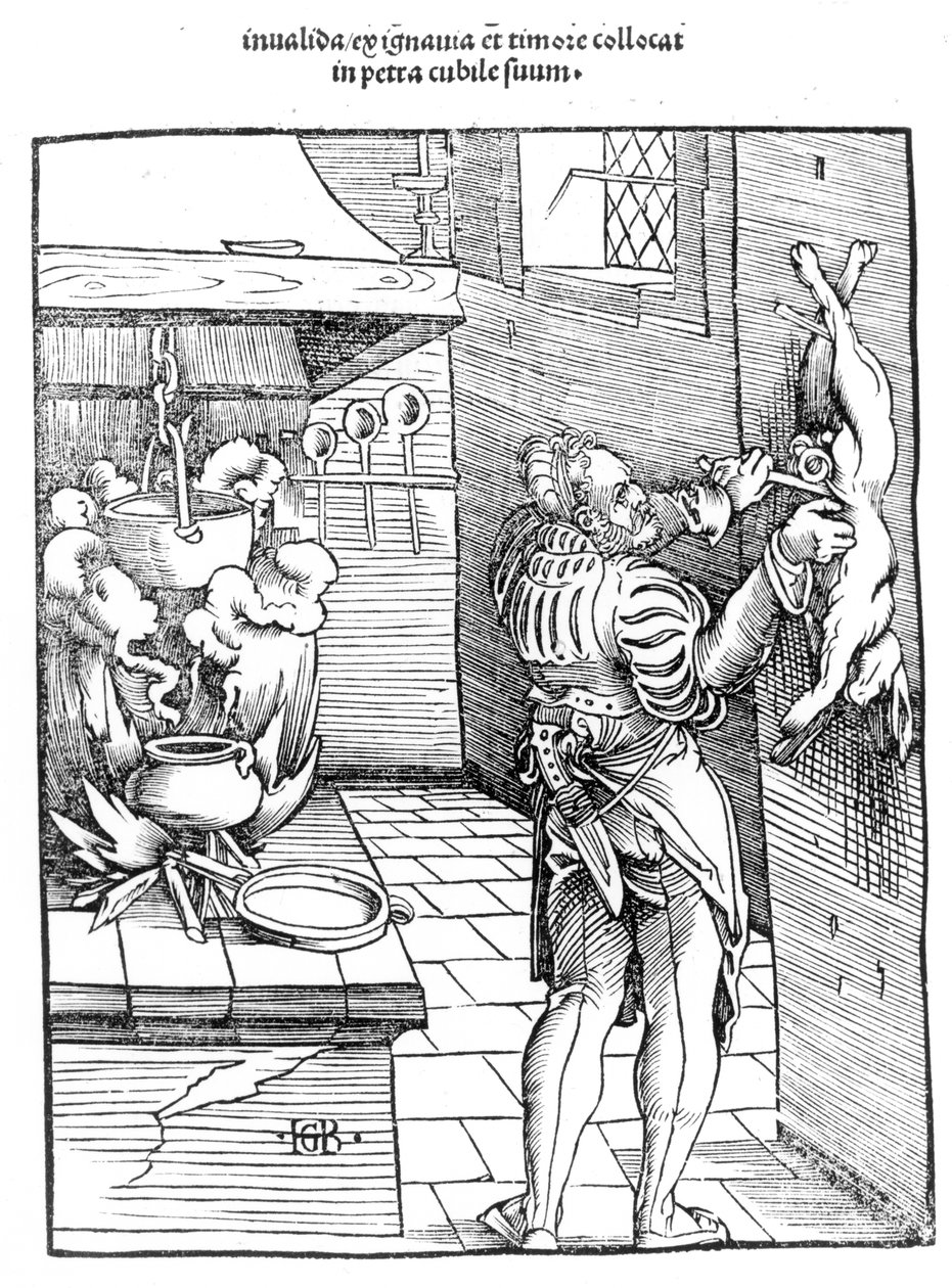 Vy över ett sextonde århundradeskök med kock som rensar en kanin av Hans Baldung Grien
