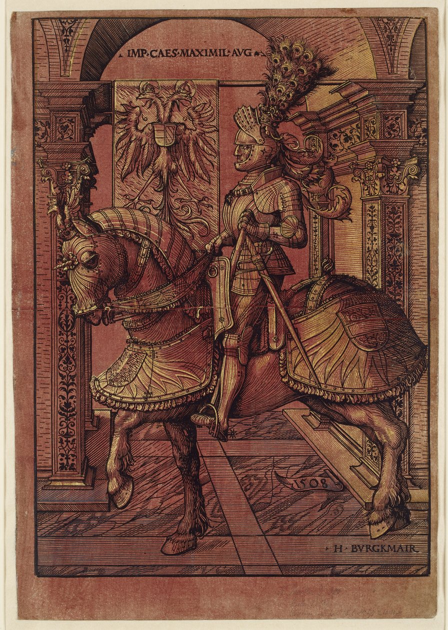 Kejsar Maximilian I, beväpnad till häst, 1508 (ljusa träsnitt) av Hans Burgkmair