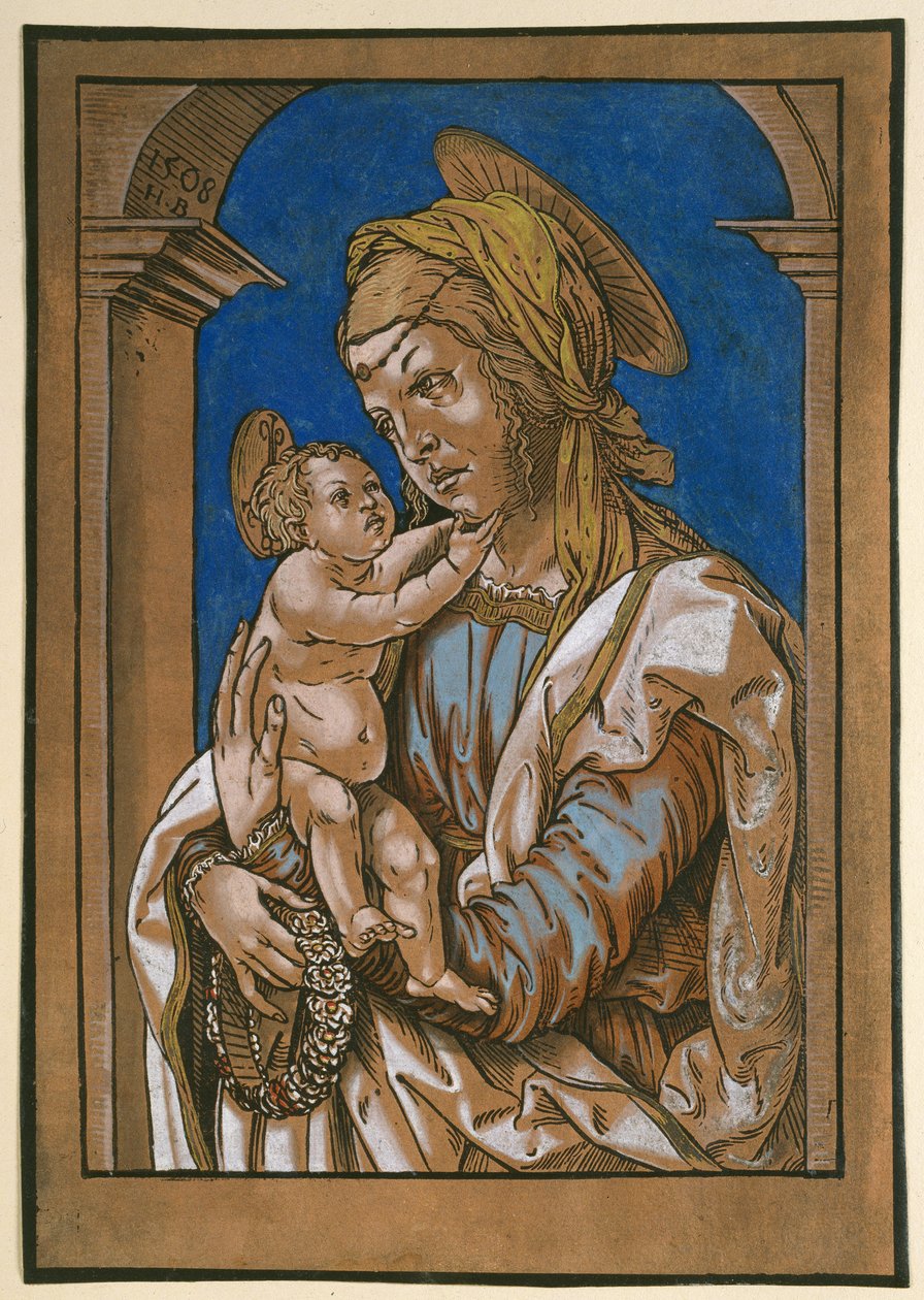 Madonna och barn under en båge, 1508 (träsnitt, överarbetad med akvarell och kroppsfärg) av Hans Burgkmair