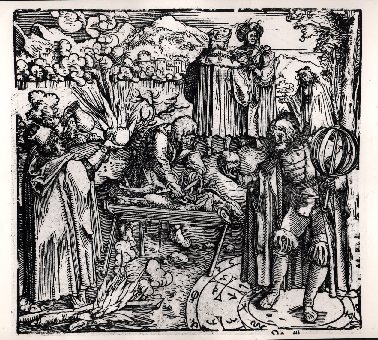 Scener av spådomar, inklusive haruspikning, pyromantisk verksamhet och nekromantisk verksamhet. av Hans Burgkmair