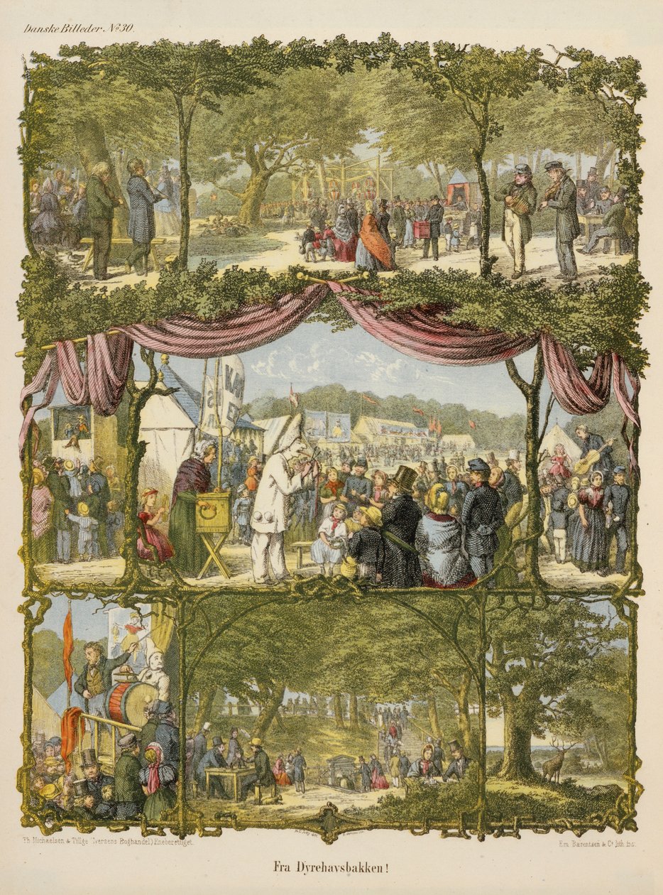 Scen från en dansk länsmässa, Fra Dyrehavsbakken, från ett broadsheet publicerat av Michaelsen & Tillage, 1850 av Hans Christian Ley