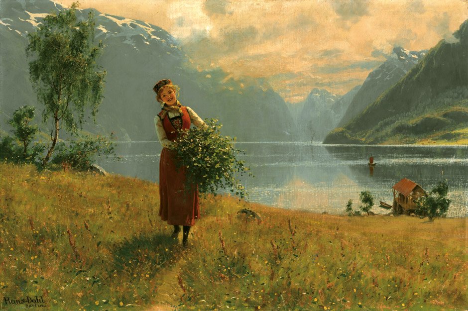  Junges Madchen mit Birkenzweigen vor einem norwegischen Fjord. av Hans Dahl