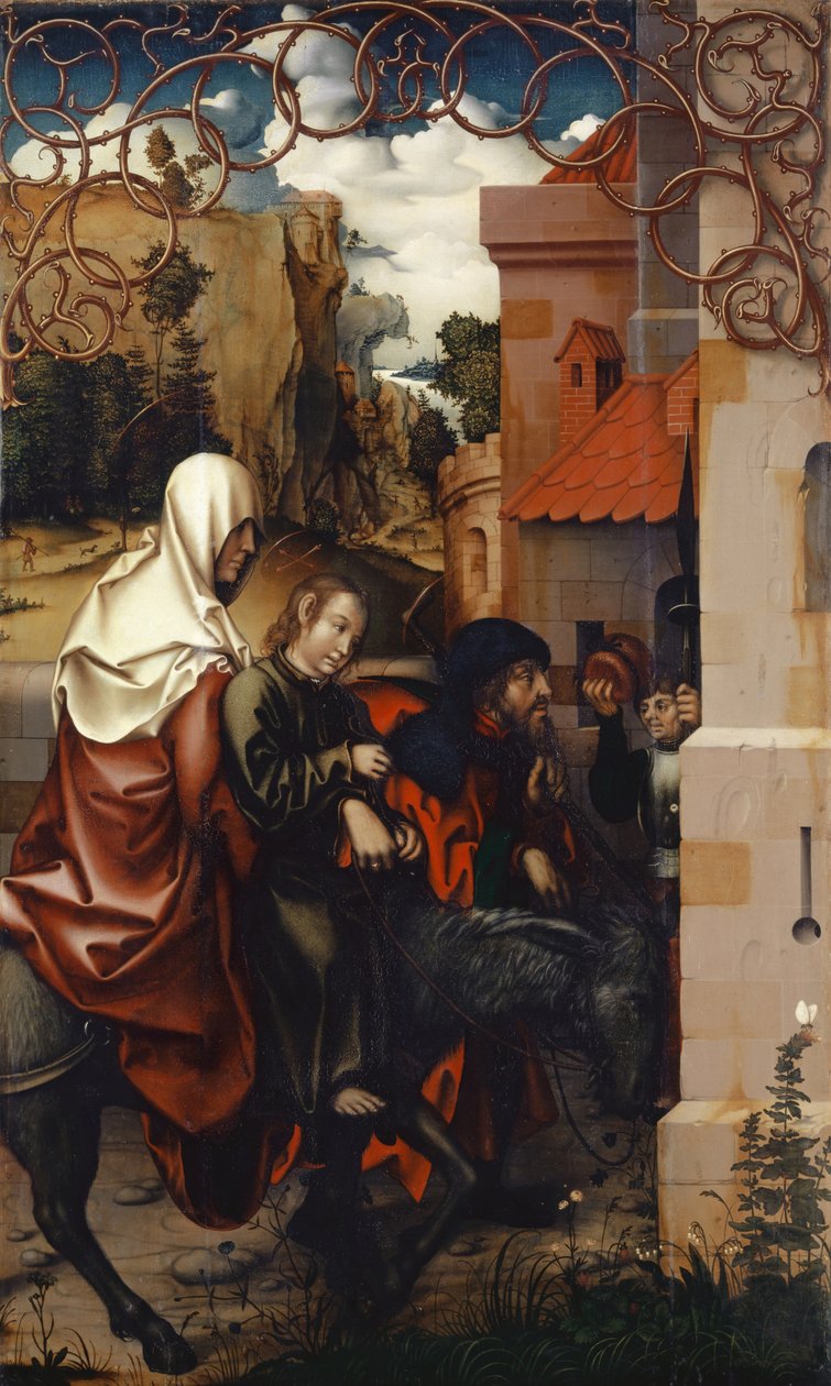 The Return from Egypt, 1512 (tempera på lærred nedlagt på træ) swed av Hans Fries
