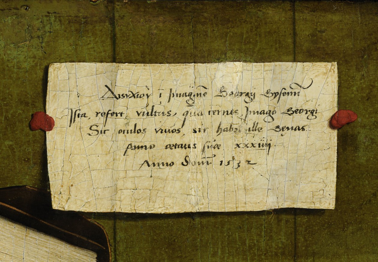 Detail of Portrait of the Merchant Georg Gisze. The latin poem (with Greek title)   av Hans Holbein der Jüngere