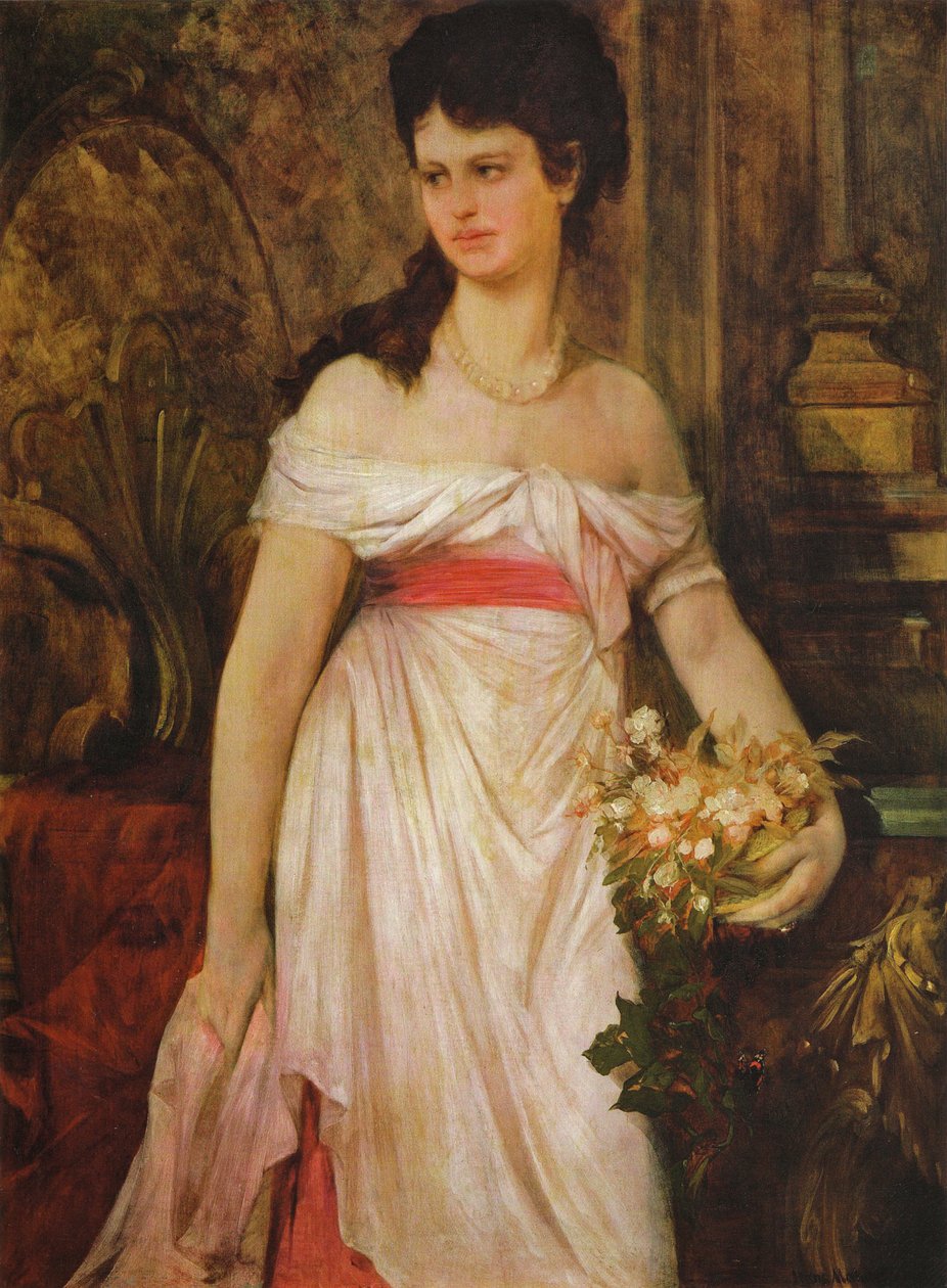  Bildnis einer stehenden Dame in weiem KleidnEnglish: Portrait of a lady, standing in a white dressn av Hans Makart