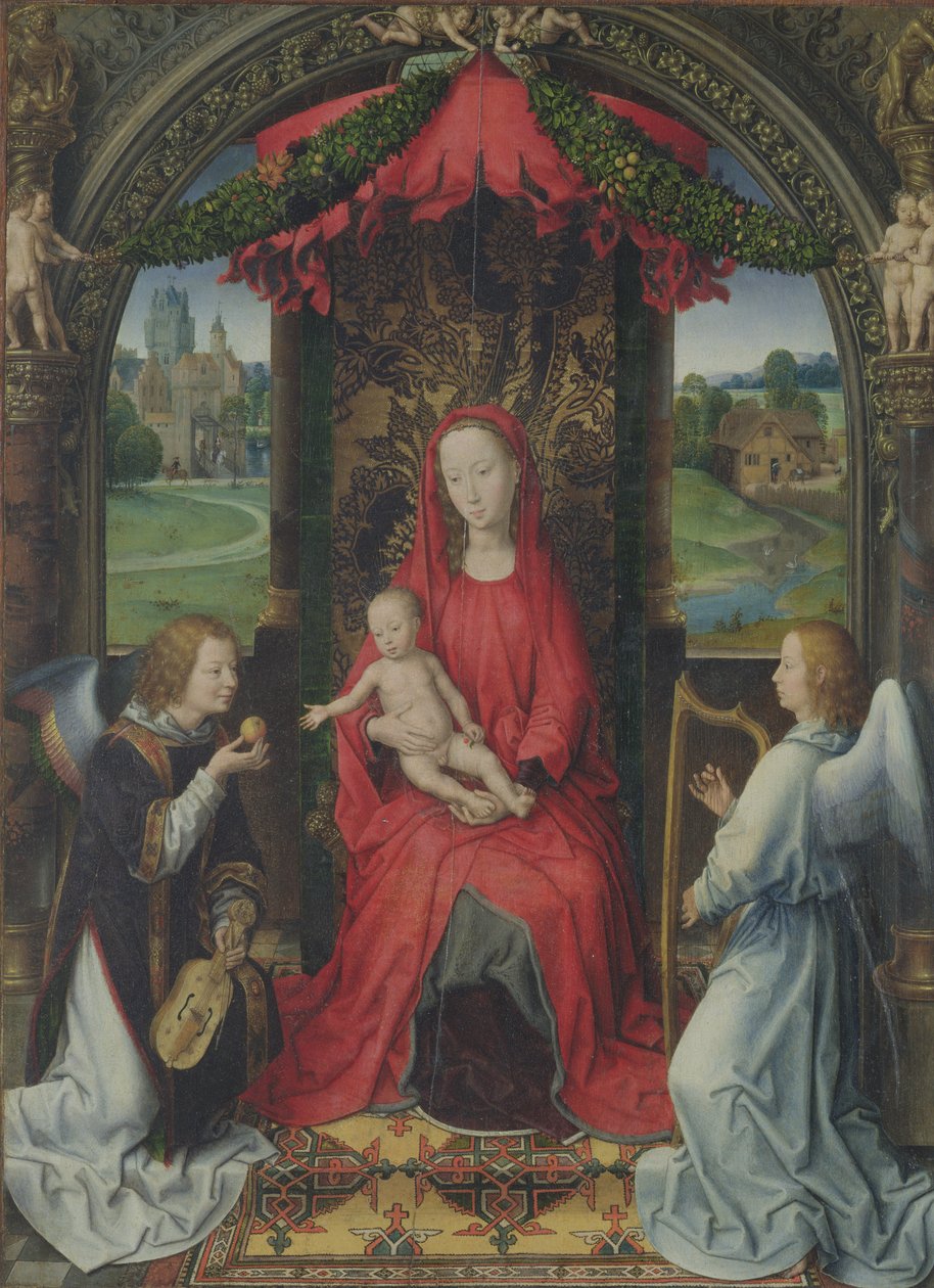 Madonna och barn tronade med två änglar, 1490-91 av Hans Memling