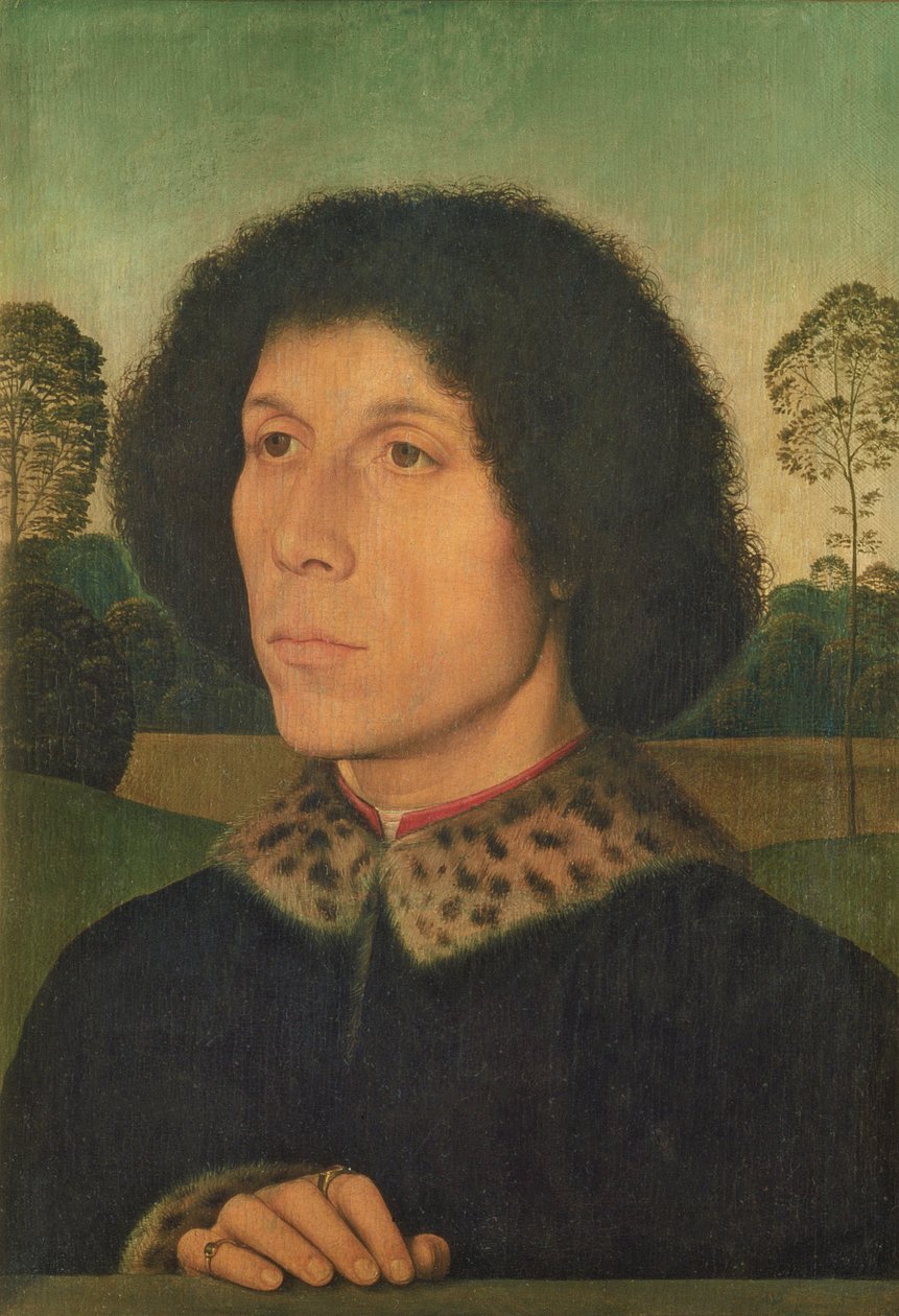 Porträtt av en man i ett landskap, ca 1470 (panel) av Hans Memling