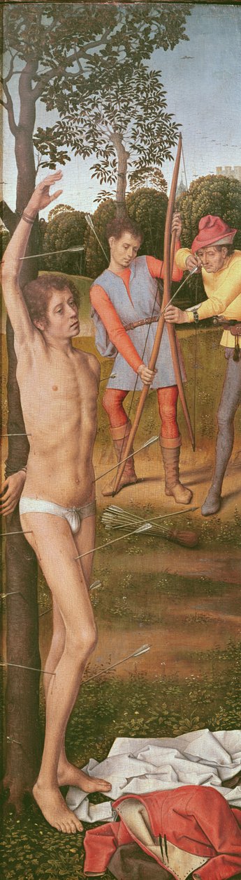 Uppståndelsens triptyk, vänster panel: The Martyrdom of Saint Sebastian, c.1485-90 (olja på ek) av Hans Memling