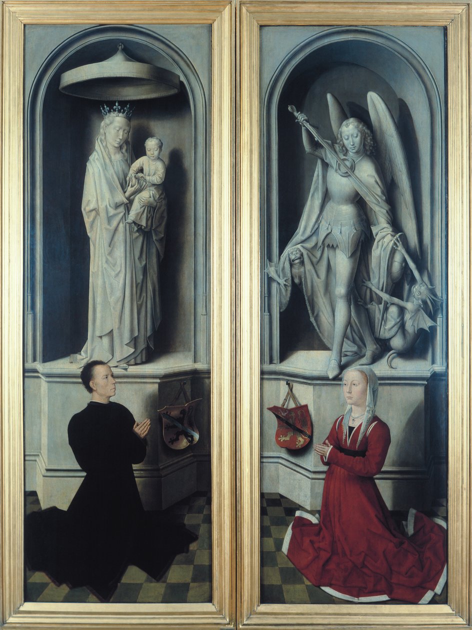 Vy över The Last Judgment med dess paneler stängda, föreställande donatorerna, Angelo di Jacopo Tani och hans fru, Caterina de Tanagli, nedanför Madonnan och barnet och St. Michael, 1473 (se av Hans Memling
