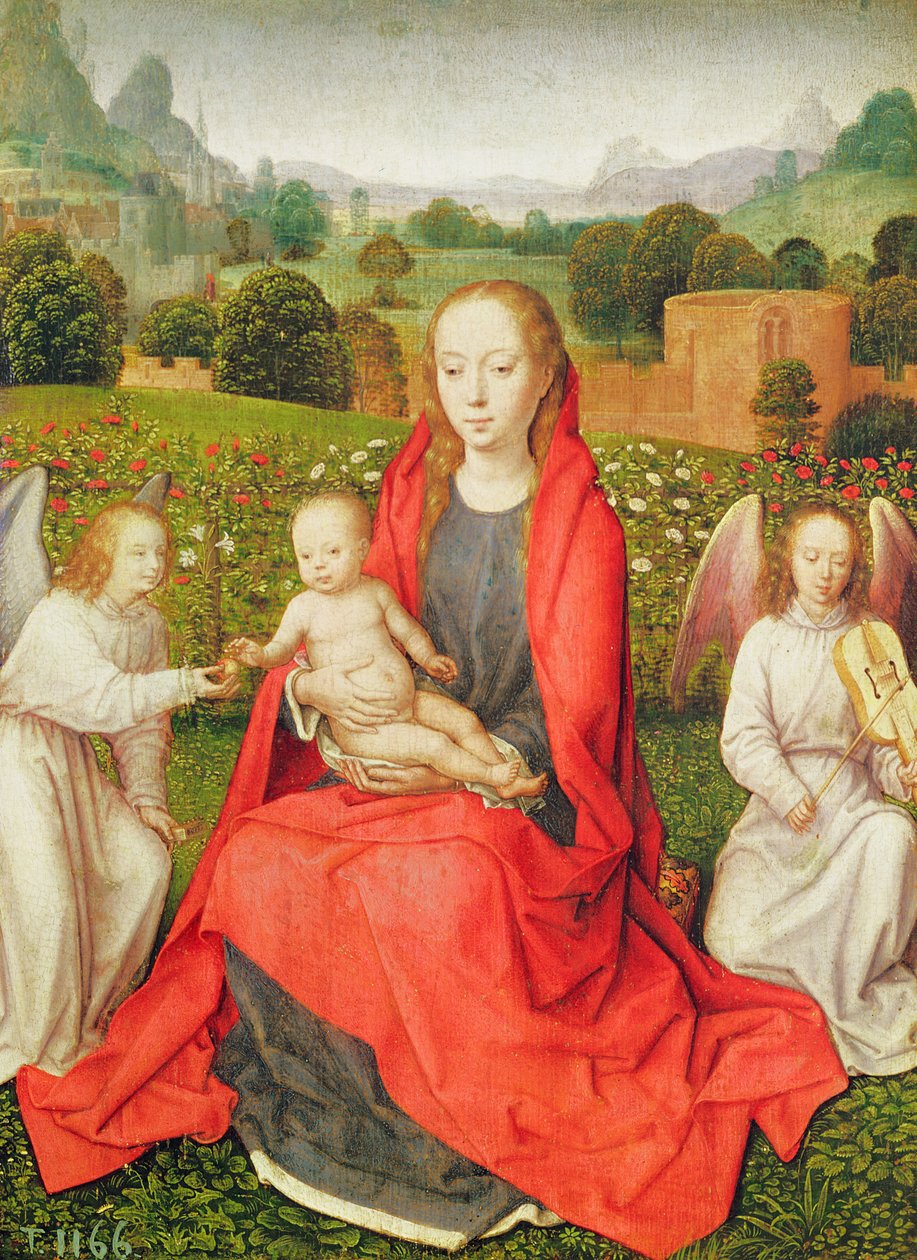 Jungfru och barn mellan två änglar, ca 1480-talet (olja på ek) av Hans Memling