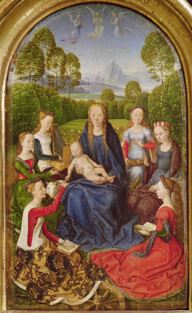 Jungfru och barn med heliga, vänster panel från Jean du Celliers diptyk, ca 1490 av Hans Memling