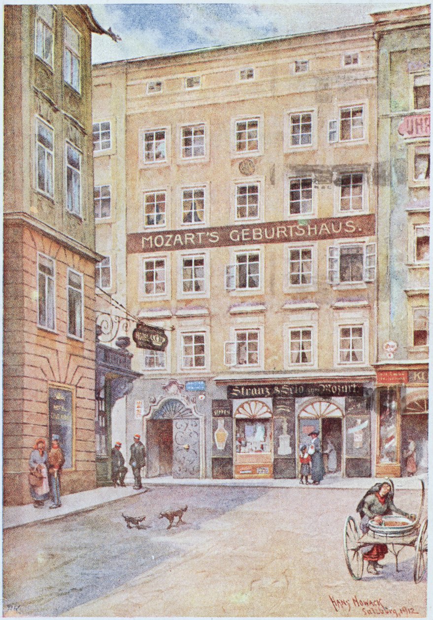 Vykort som visar Wolfgang Amadeus Mozarts (1756-91) födelsehus i Salzburg, 1912 av Hans Nowack