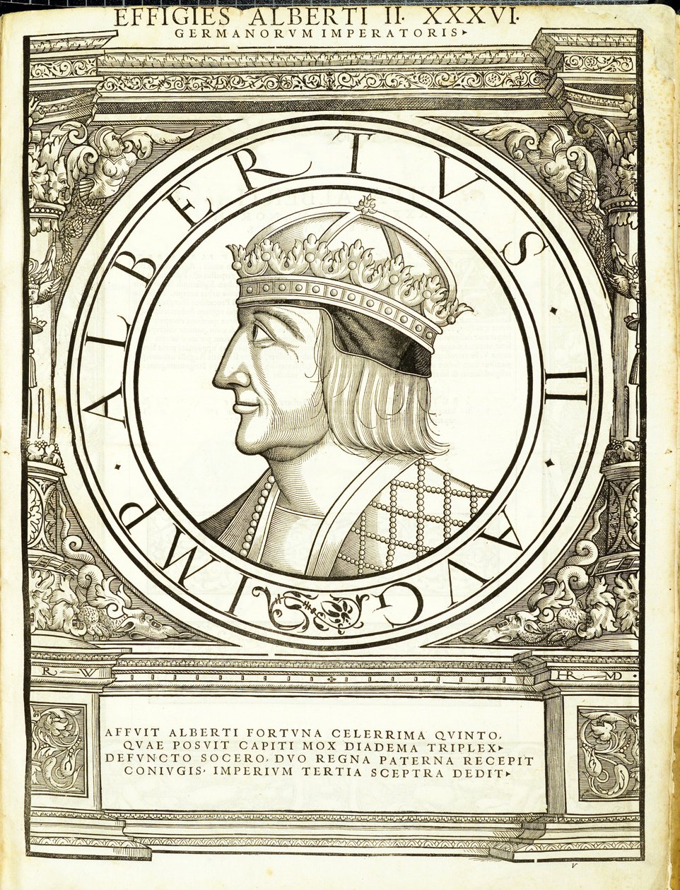 Albertus II, illustration från "Imperatorum romanorum omnium orientalium et occidentalium verissimae imagines ex antiquis numismatis", träsnitt av Rudolph Wyssenbach, tryckt av Andreas Gesner, Zürich, av Hans Rudolf Manuel Deutsch