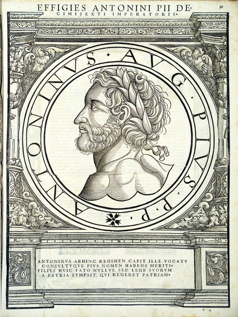 Antoninus Pius, illustration från de romerska kejsarna i hela öst och väst, med de mest autentiska bilderna av de antika mynten, träsnitt av Rudolph Wyssenbach, tryckt av Andreas Gesner, Zürich av Hans Rudolf Manuel Deutsch