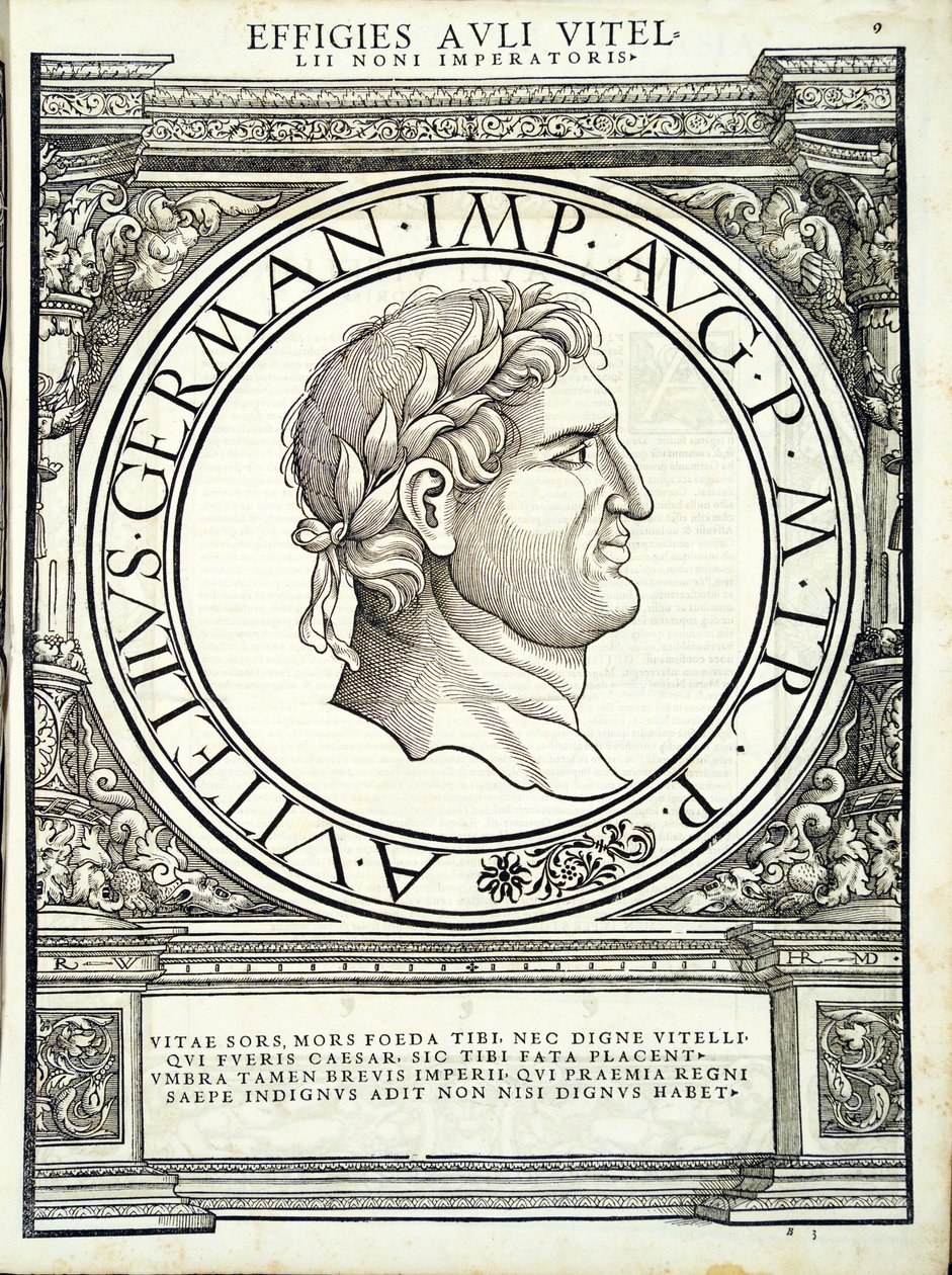 Aulus Vitellius, illustration från "Imperatorum romanorum omnium orientalium et occidentalium verissimae imagines ex antiquis numismatis", träsnitt av Rudolph Wyssenbach, tryckt av Andreas Gesner, Zur av Hans Rudolf Manuel Deutsch