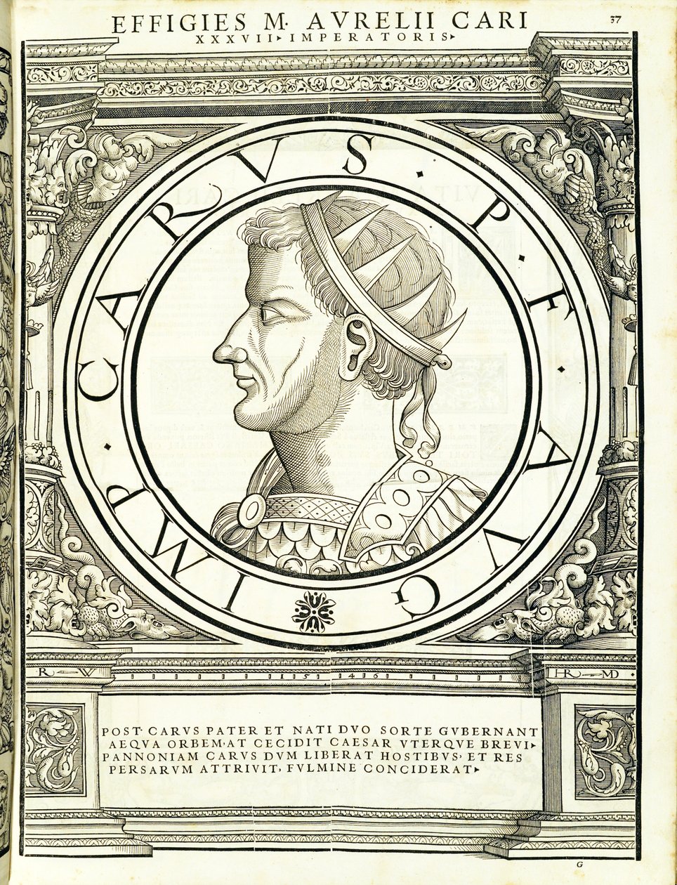 Carus, illustration från de romerska kejsarna i hela öst och väst, med de mest autentiska bilderna av de antika mynten, träsnitt av Rudolph Wyssenbach, tryckt av Andreas Gesner, Zürich, 1559 wo av Hans Rudolf Manuel Deutsch