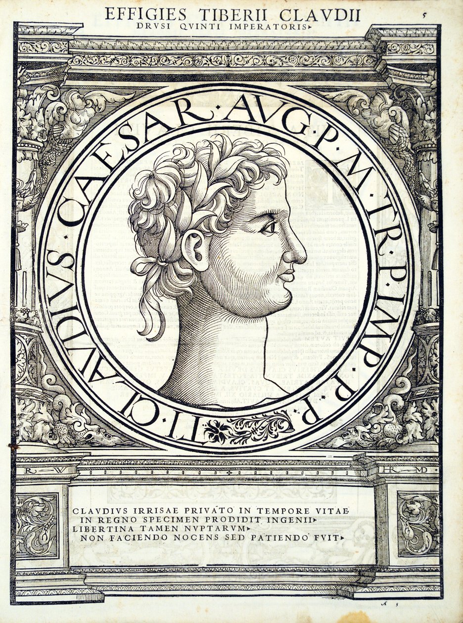 Claudius Caesar, illustration från de mest autentiska bilderna av de antika romerska kejsarna i öst och väst, träsnitt av Rudolph Wyssenbach, tryckt av Andreas Gesner, Zuric av Hans Rudolf Manuel Deutsch