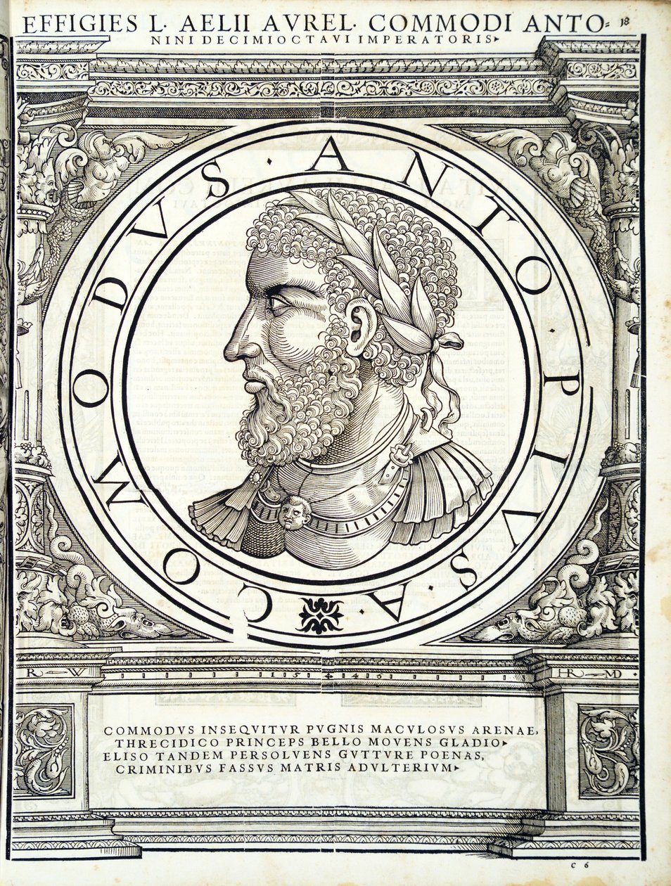 Commodus, illustration från "Imperatorum romanorum omnium orientalium et occidentalium verissimae imagines ex antiquis numismatis", träsnitt av Rudolph Wyssenbach, tryckt av Andreas Gesner, Zürich, 15 av Hans Rudolf Manuel Deutsch