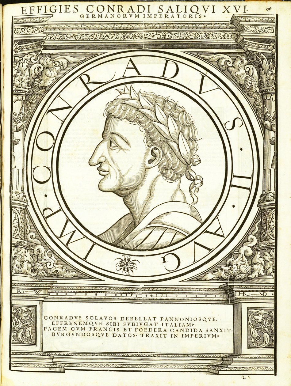Conradus II Saliquus, illustration från romerska kejsare i hela öst och väst, med mycket sanna bilder av de gamla mynten, träsnitt av Rudolph Wyssenbach, tryckt av Andreas Gesner, av Hans Rudolf Manuel Deutsch