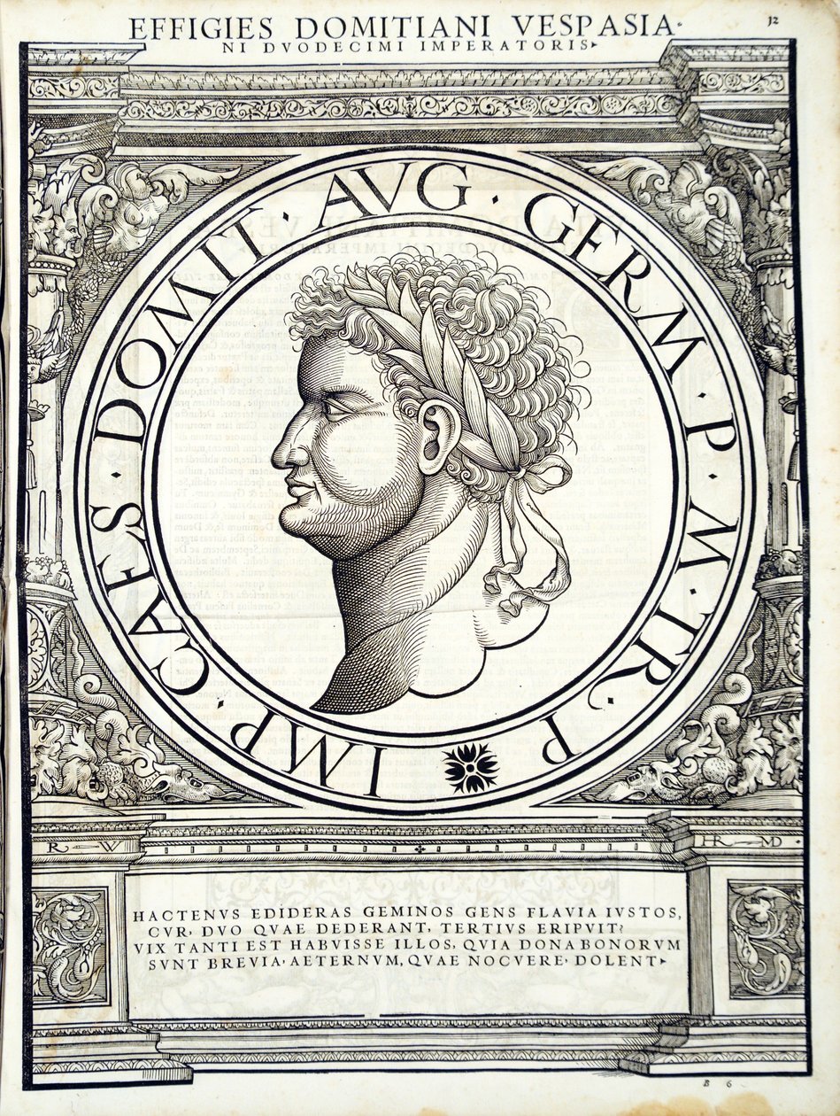 Domitianus, illustration från de mest autentiska bilderna av de antika romerska kejsarna i öst och väst, träsnitt av Rudolph Wyssenbach, tryckt av Andreas Gesner, Zürich, 15 av Hans Rudolf Manuel Deutsch