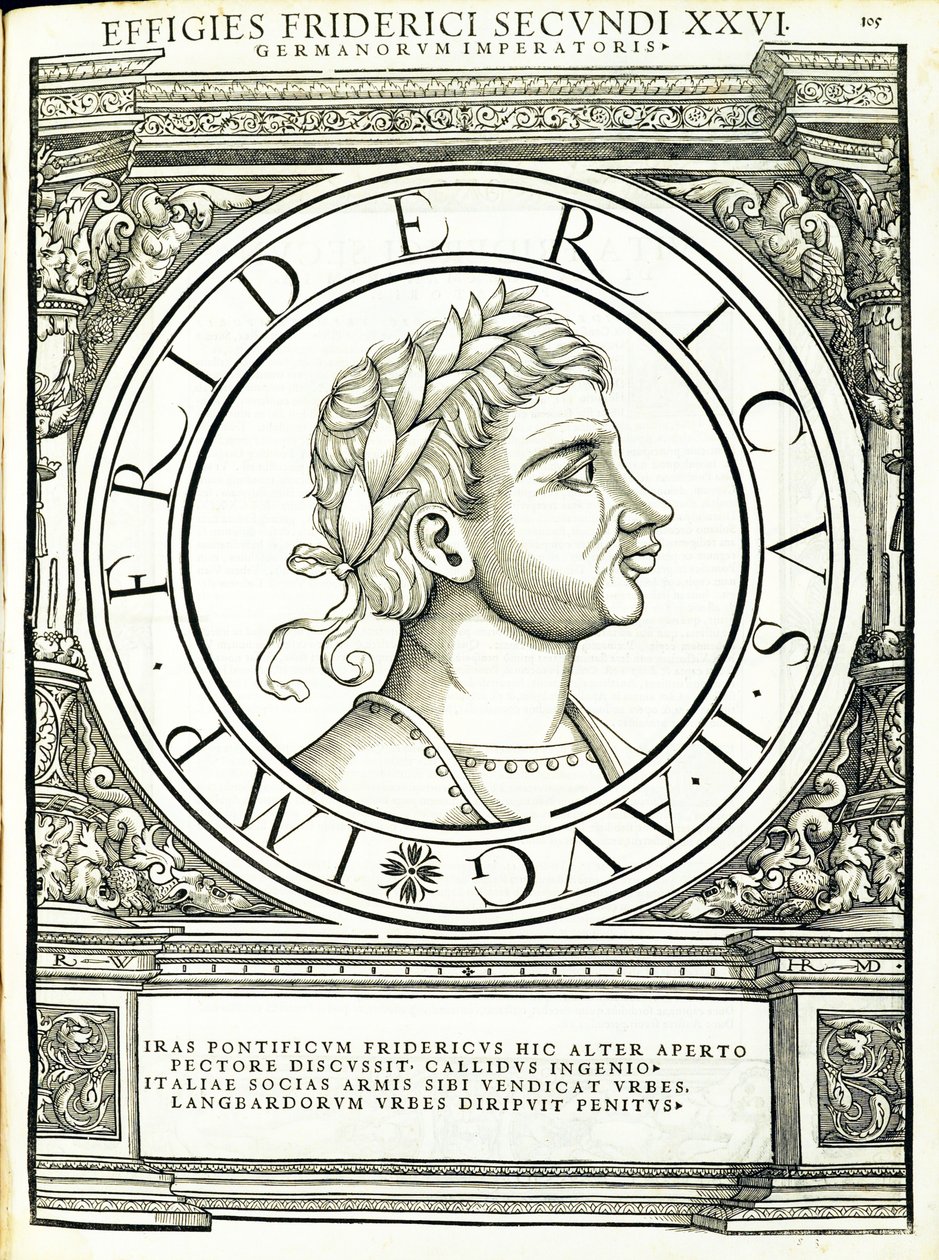 Fredericus II, illustration från de romerska kejsarna i hela öst och väst, med de mest autentiska bilderna av de antika mynten, träsnitt av Rudolph Wyssenbach, tryckt av Andreas Gesner, Zürich, av Hans Rudolf Manuel Deutsch