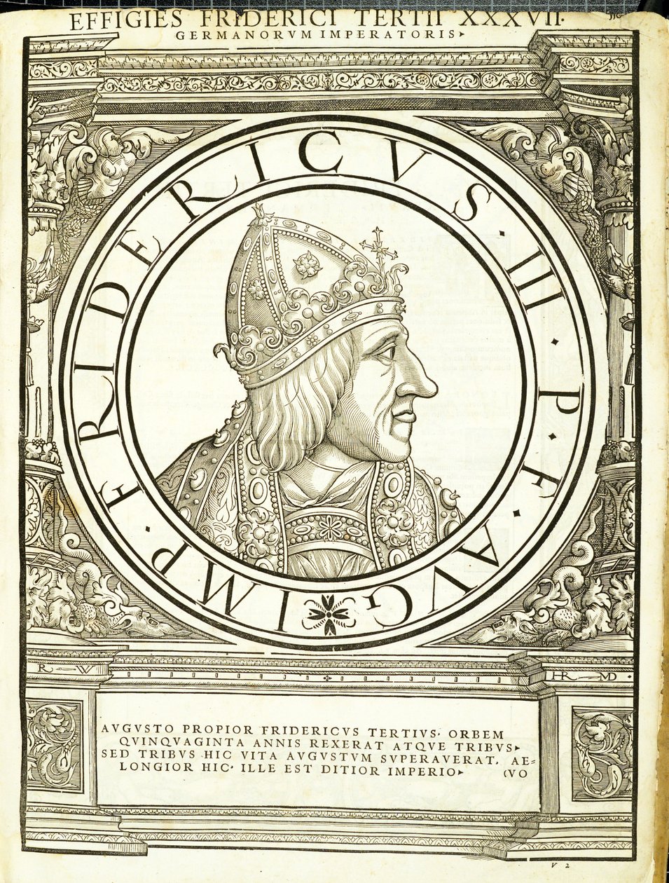 Friedrich III, illustration från de romerska kejsarna i hela öst och väst, med de mest autentiska bilderna av de antika mynten, träsnitt av Rudolph Wyssenbach, tryckt av Andreas Gesner, Zürich av Hans Rudolf Manuel Deutsch