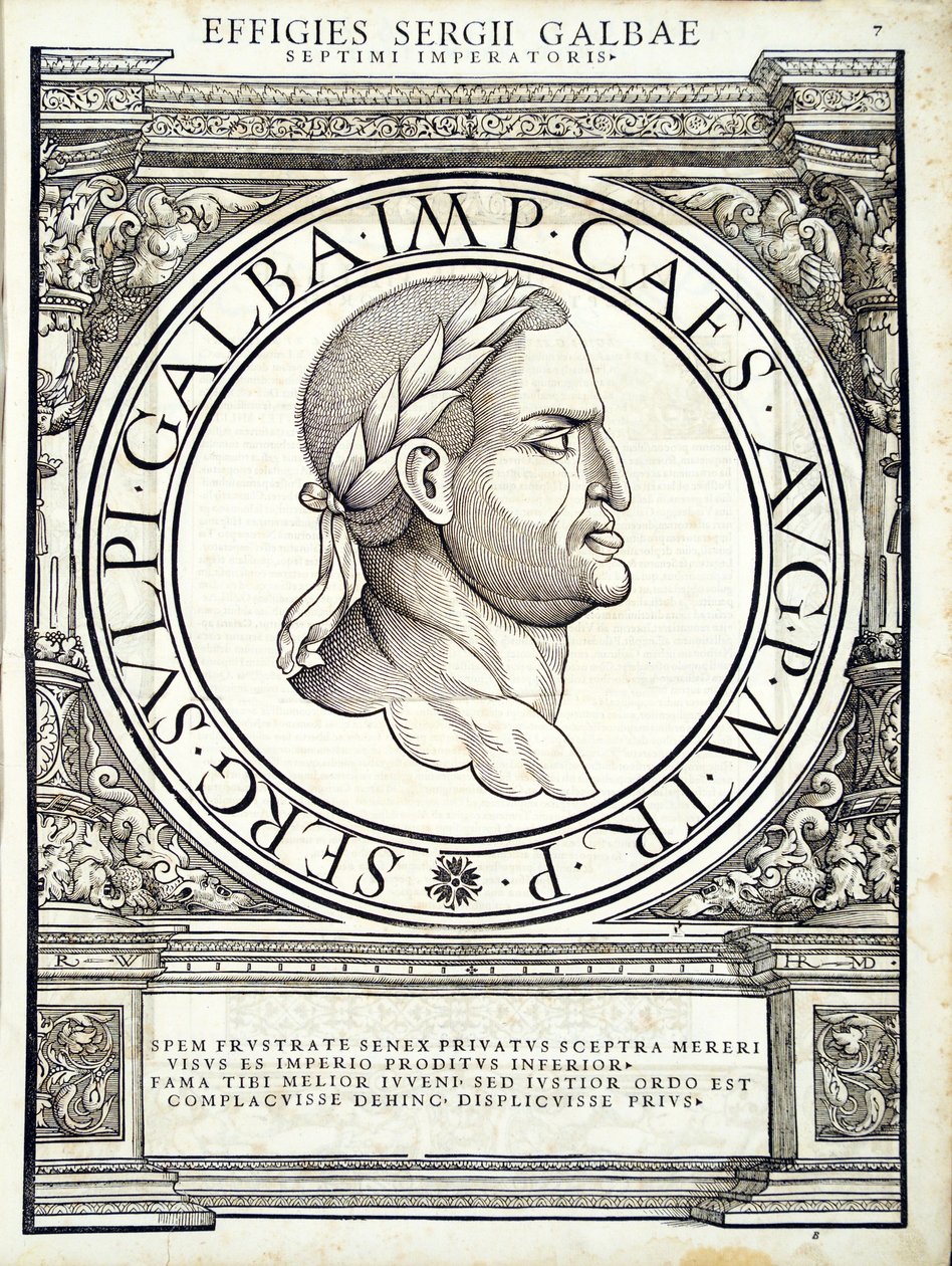 Galba, illustration från de mest autentiska bilderna av de antika romerska kejsarna i öst och väst, träsnitt av Rudolph Wyssenbach, tryckt av Andreas Gesner, Zürich, 1559 wo av Hans Rudolf Manuel Deutsch
