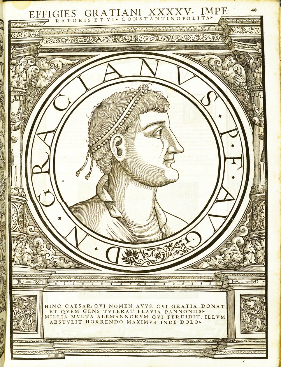 Gratianus, illustration från de romerska kejsarna i hela öst och väst, med de mest autentiska bilderna av de antika mynten, träsnitt av Rudolph Wyssenbach, tryckt av Andreas Gesner, Zürich, 155 av Hans Rudolf Manuel Deutsch