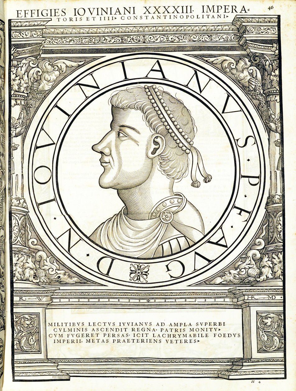 Iouinianus, illustration från de mest autentiska bilderna av de antika romerska kejsarna i öst och väst, träsnitt av Rudolph Wyssenbach, tryckt av Andreas Gesner, Zürich, 15 av Hans Rudolf Manuel Deutsch