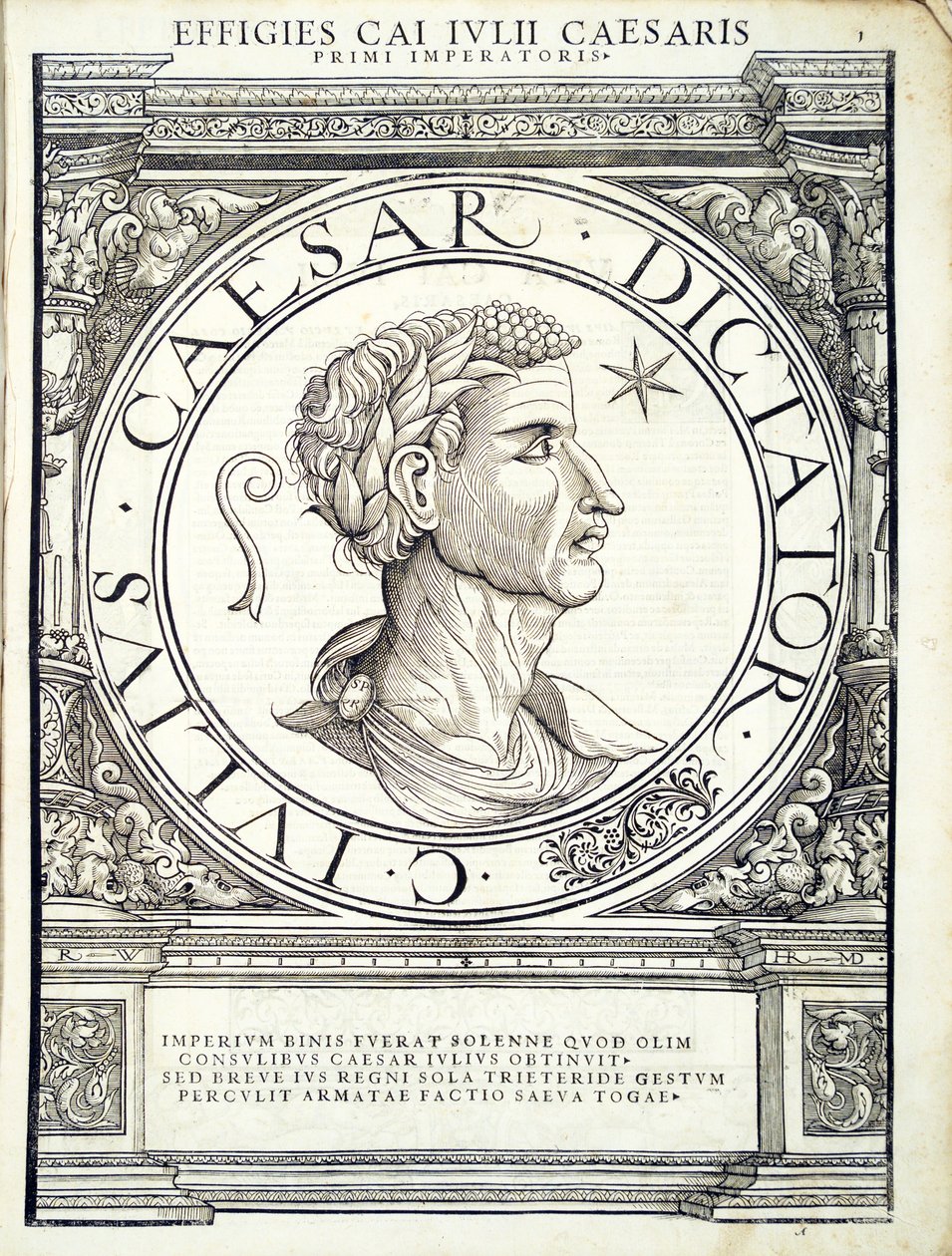 Julius Caesar, illustration från de mest autentiska bilderna av de antika romerska kejsarna i öst och väst, träsnitt av Rudolph Wyssenbach, tryckt av Andreas Gesner, Zürich, av Hans Rudolf Manuel Deutsch