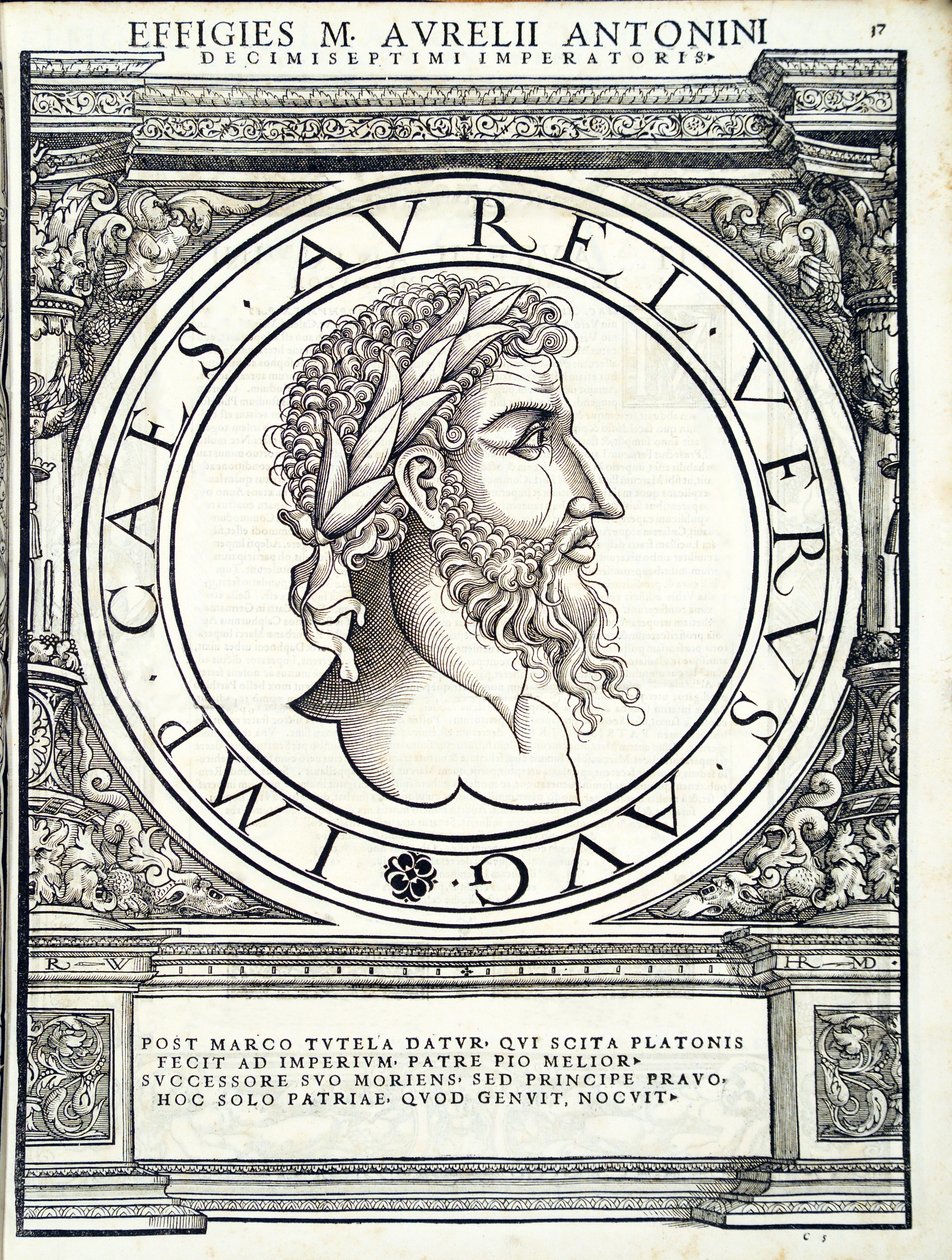 Lucius Verus, illustration från romerska kejsare i hela öst och väst, bilder av de äldsta mynten, träsnitt av Rudolph Wyssenbach, tryckt av Andreas Gesner, Zürich, av Hans Rudolf Manuel Deutsch