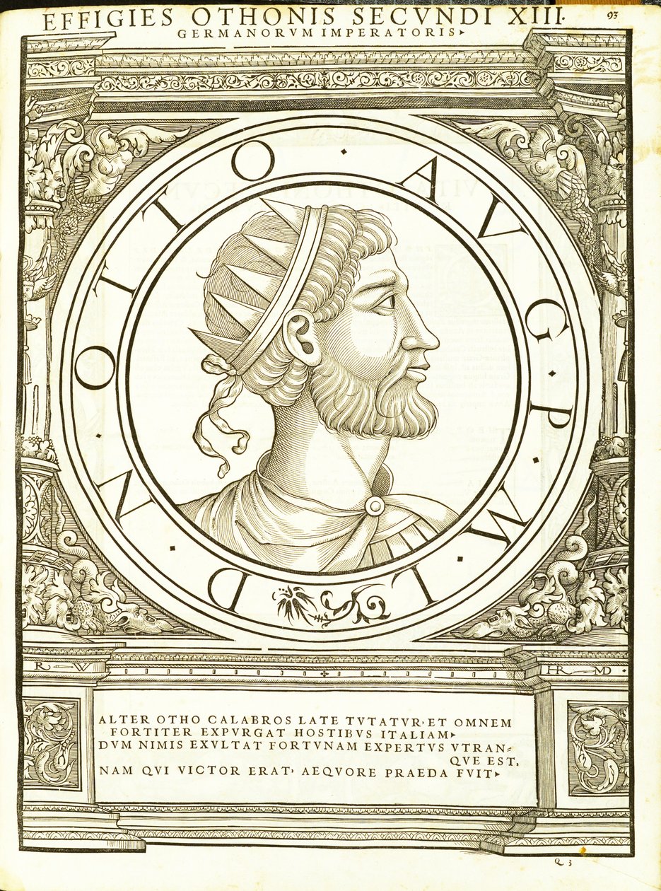 Otho II, illustration från "Imperatorum romanorum omnium orientalium et occidentalium verissimae imagines ex antiquis numismatis", träsnitt av Rudolph Wyssenbach, tryckt av Andreas Gesner, Zürich, 155 av Hans Rudolf Manuel Deutsch