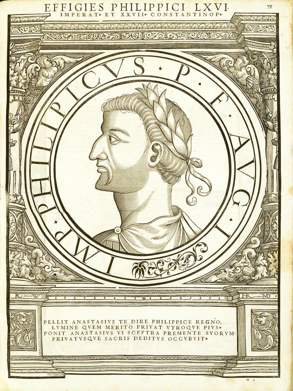 Philippicus, illustration från de romerska kejsarna i hela öst och väst med de mest autentiska bilderna av antika mynt, träsnitt av Rudolph Wyssenbach, tryckt av Andreas Gesner, Zürich, 1 av Hans Rudolf Manuel Deutsch