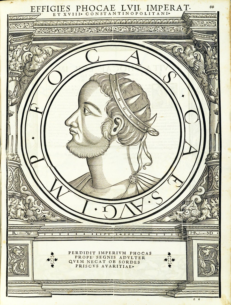 Phocas, illustration från de romerska kejsarna i hela öst och väst med de mest autentiska bilderna av de antika mynten, träsnitt av Rudolph Wyssenbach, tryckt av Andreas Gesner, Zürich, 1559 w av Hans Rudolf Manuel Deutsch