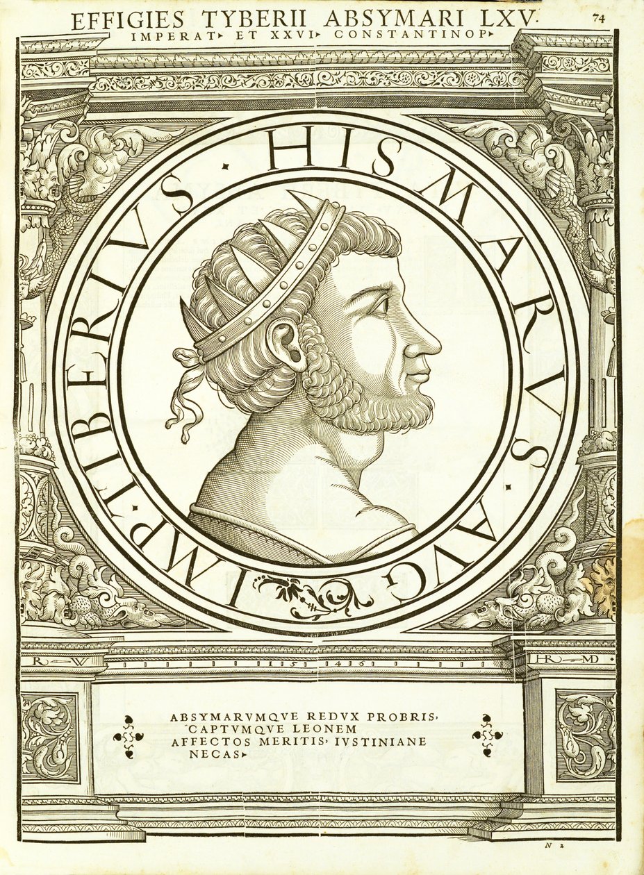 Tiberius Absymarus, illustration från de romerska kejsarna i hela öst och väst med de mest autentiska bilderna av de gamla mynten, träsnitt av Rudolph Wyssenbach, tryckt av Andreas Gesner, Zu av Hans Rudolf Manuel Deutsch