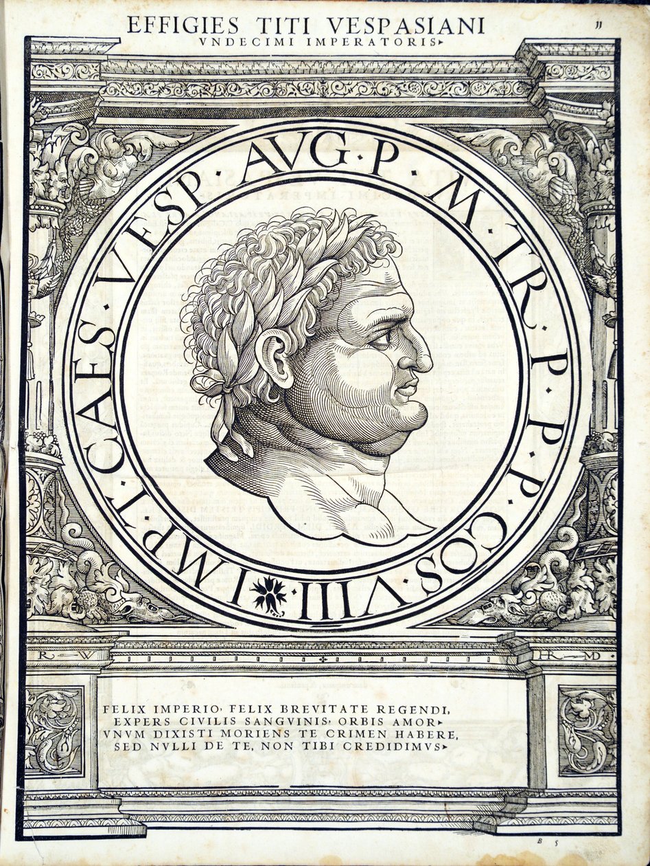 Titus Vespasianus, illustration från de romerska kejsarna i hela öst och väst med de mest autentiska bilderna av antika mynt, träsnitt av Rudolph Wyssenbach, tryckt av Andreas Gesner, Zur av Hans Rudolf Manuel Deutsch