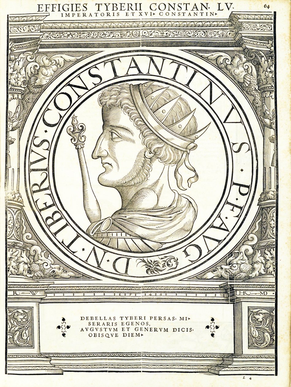 Tyberius Constantinus, illustration från de romerska kejsarna i hela öst och väst, bilder av de äldsta mynten, träsnitt av Rudolph Wyssenbach, tryckt av Andreas Gesner, av Hans Rudolf Manuel Deutsch