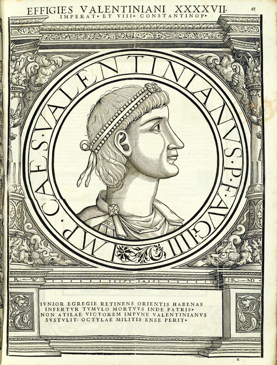 Valentinian III, illustration från de mest autentiska bilderna av de antika romerska kejsarna i öst och väst, träsnitt av Rudolph Wyssenbach, tryckt av Andreas Gesner, Zur av Hans Rudolf Manuel Deutsch