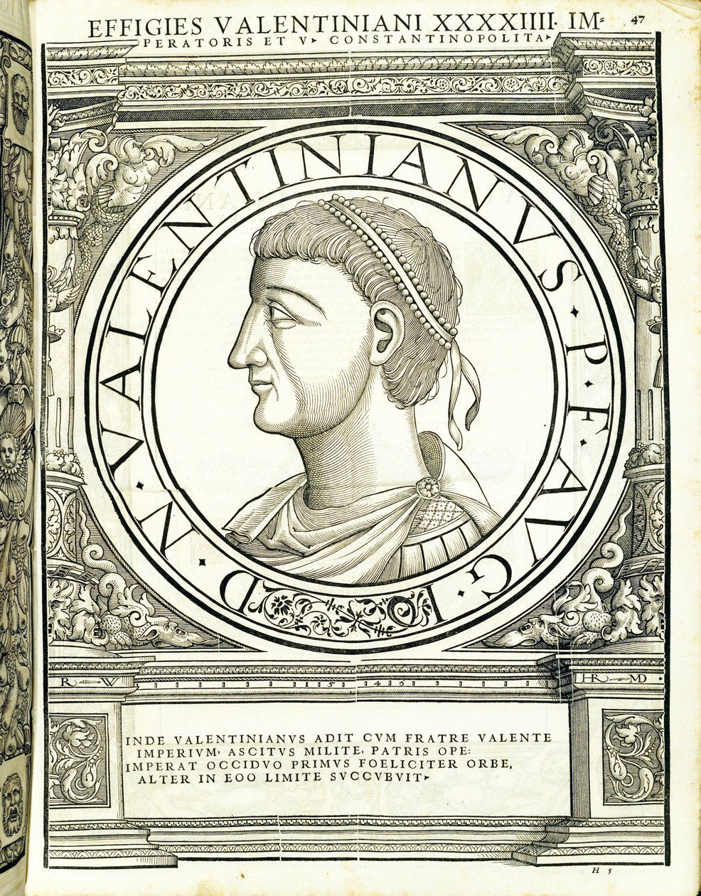 Valentinianus, illustration från de mest autentiska bilderna av de antika romerska kejsarna i öst och väst, träsnitt av Rudolph Wyssenbach, tryckt av Andreas Gesner, Zürich, av Hans Rudolf Manuel Deutsch