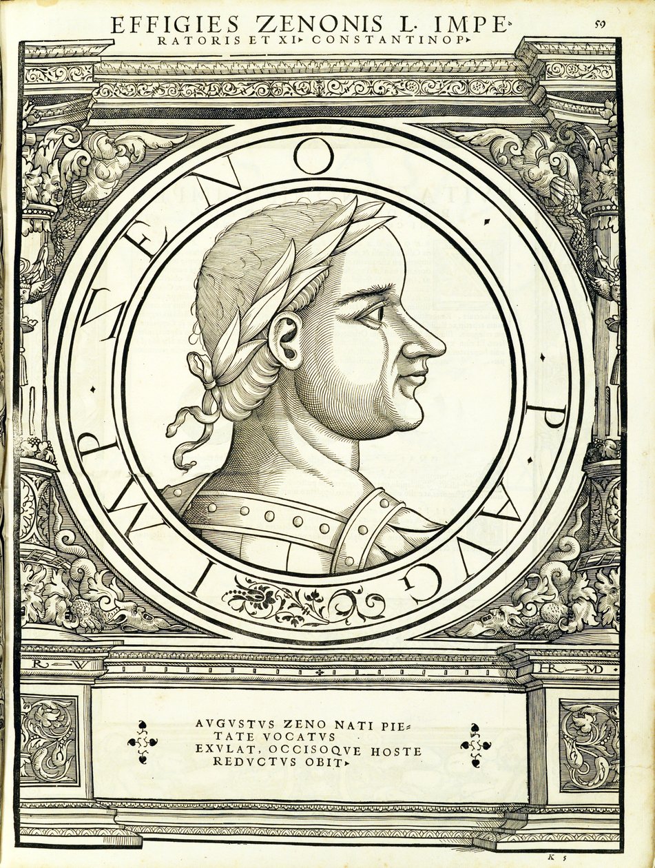 Zeno, illustration från "Imperatorum romanorum omnium orientalium et occidentalium verissimae imagines ex antiquis numismatis", träsnitt av Rudolph Wyssenbach, tryckt av Andreas Gesner, Zürich, 1559 ( av Hans Rudolf Manuel Deutsch