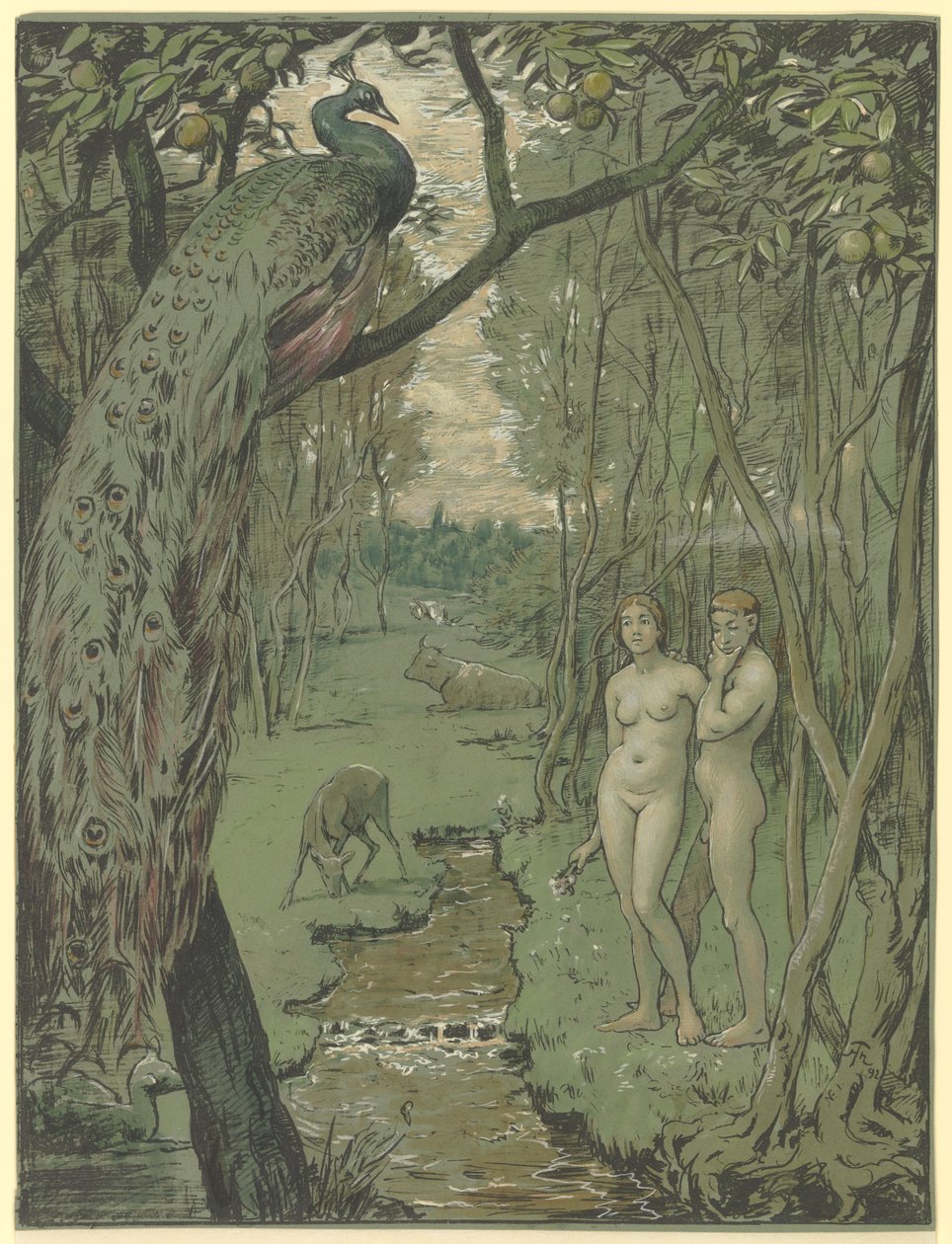 Paradis med påfågel av Hans Thoma