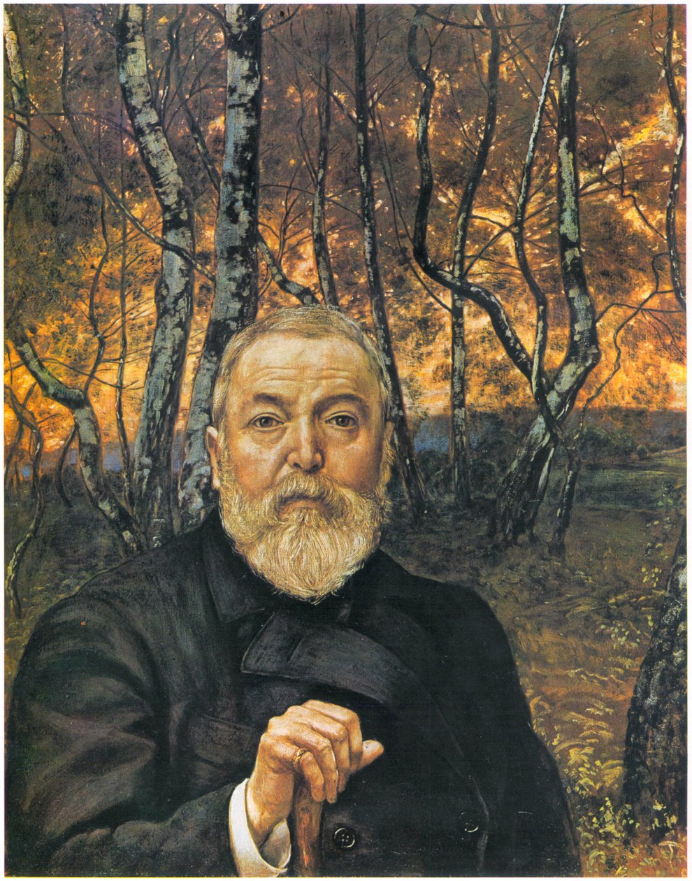 Selbstporträt vor einem Birkenholz av Hans Thoma