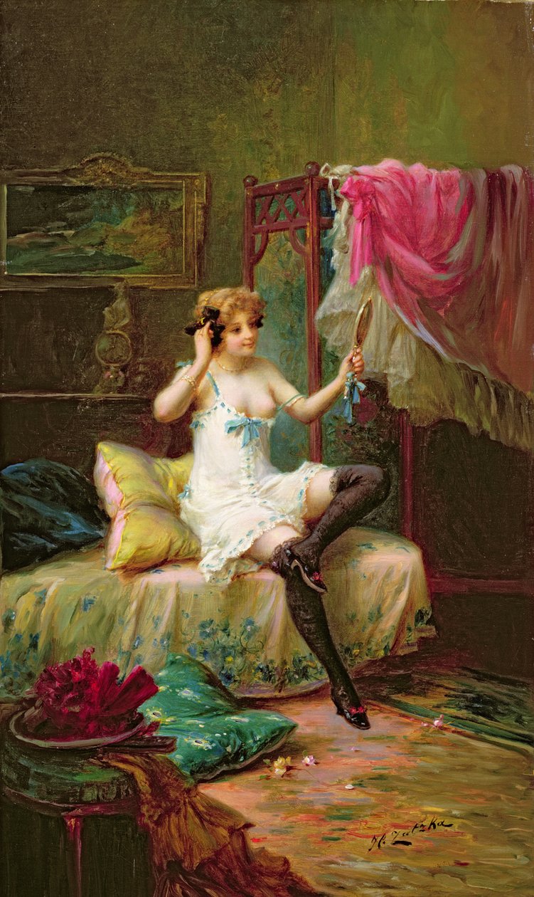 En flicka som tittar i en spegel av Hans Zatzka
