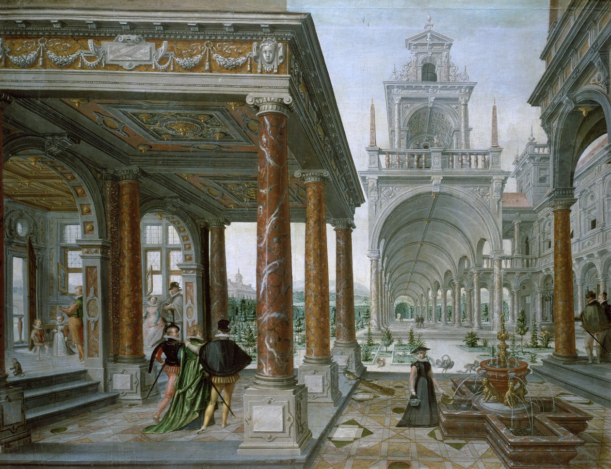 Capriccio av palatsarkitektur med figurer som promenerar, 1596 av Hans or Jan Vredeman de Vries