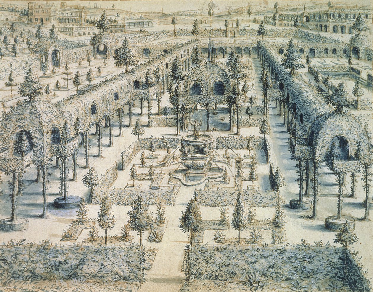 Design för en prydnadsträdgård, 1576 (penna, bläck och blå tvätt på papper) av Hans or Jan Vredeman de Vries
