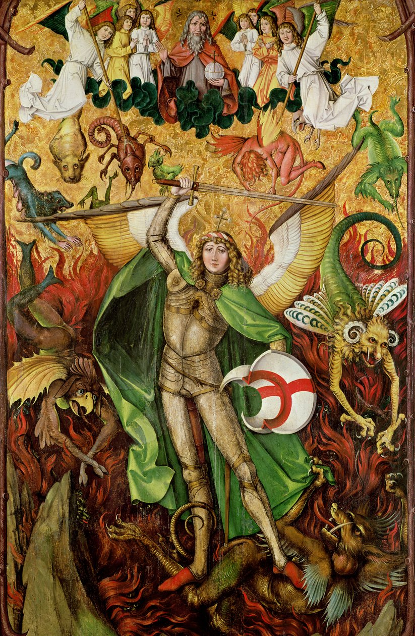 Ärkeängeln Sankt Mikael i strid med Lucifer, ca 1490-1505 (olja på trä) av Hans Leu
