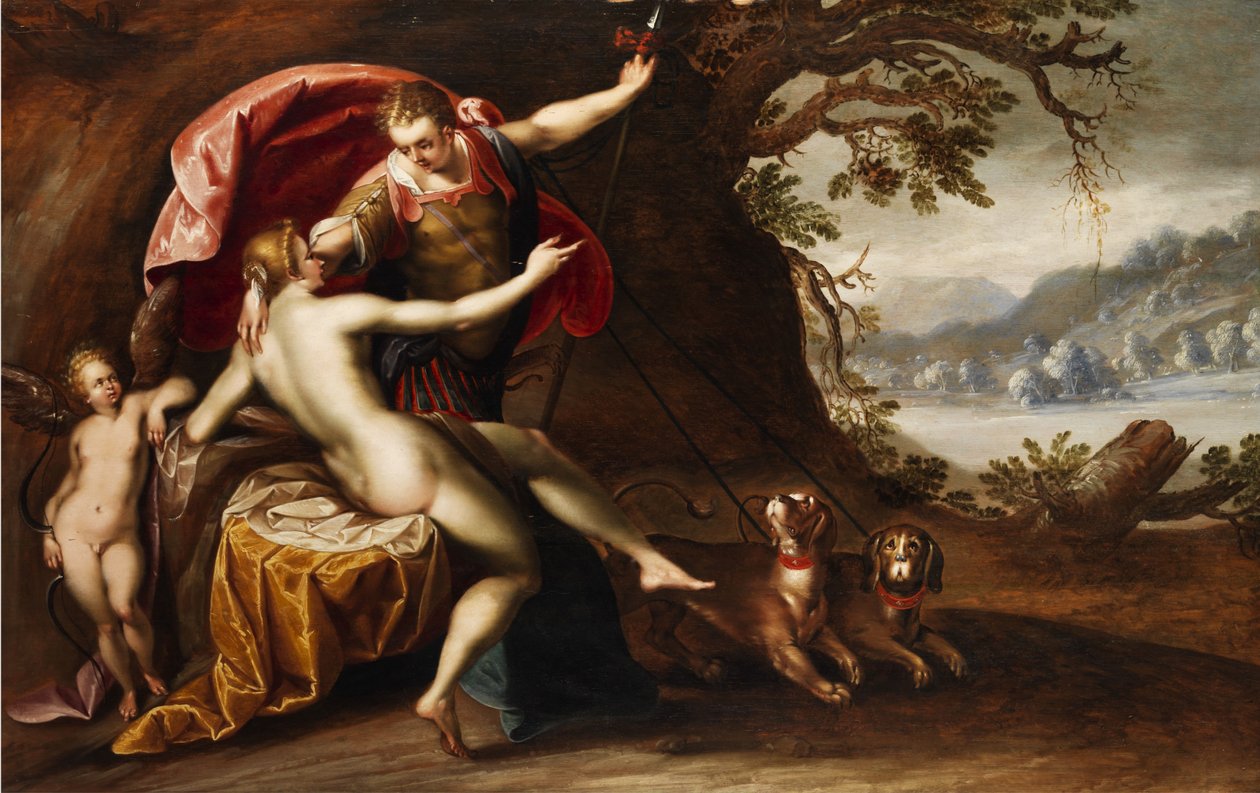 Venus and Adonis with hounds av Hans von Aachen