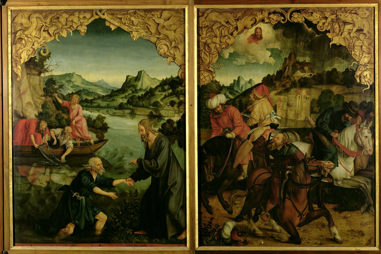 Berättelser om S.S. Peter och Paulus altartavla: detalj som visar L till R, St. Peters kallelse, St. Pauls omvändelse (detalj) av Hans von Klumbach