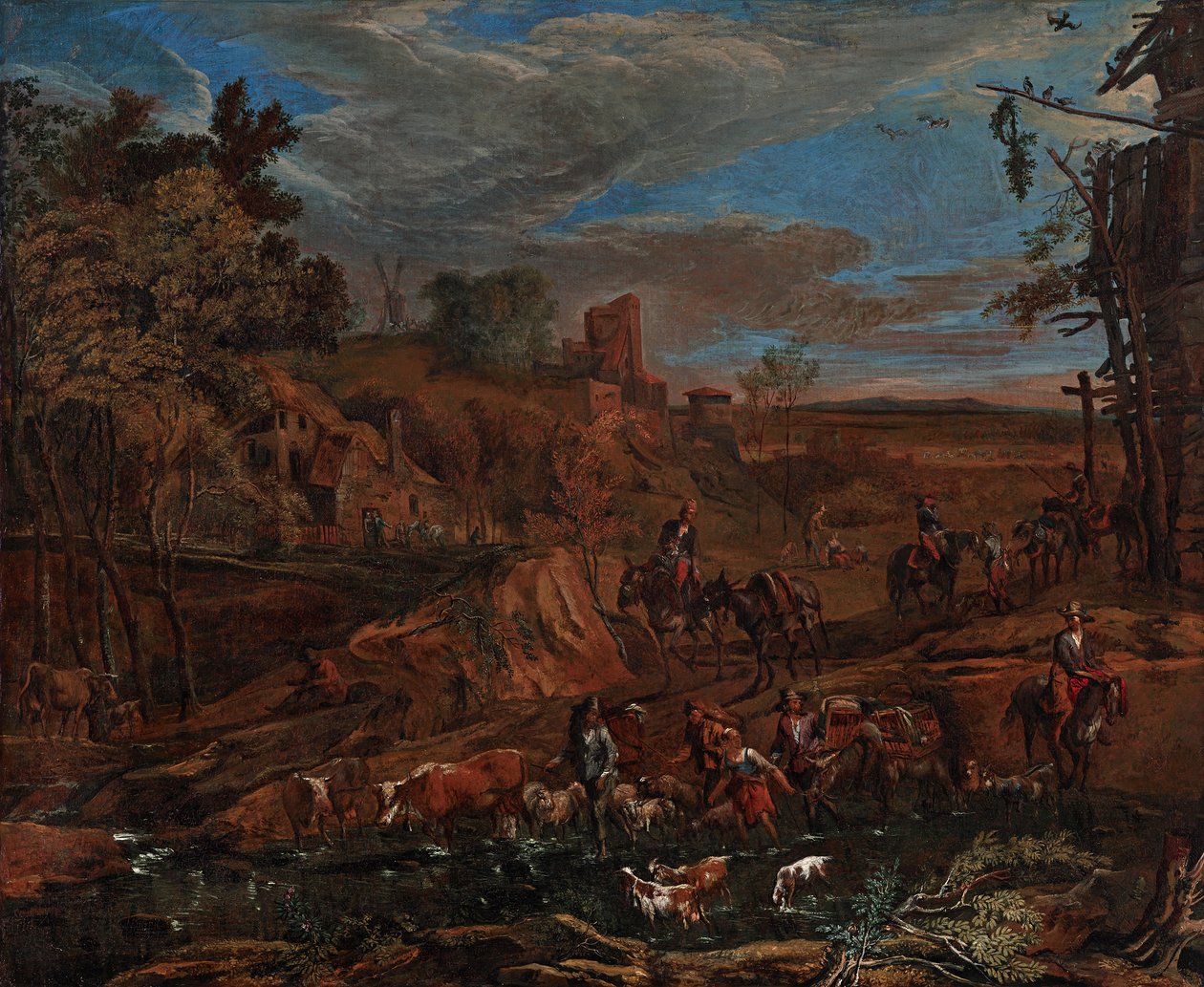 Höstlandskap med vadställe och nötkreatur av Hans (Johann Baptist) Graf