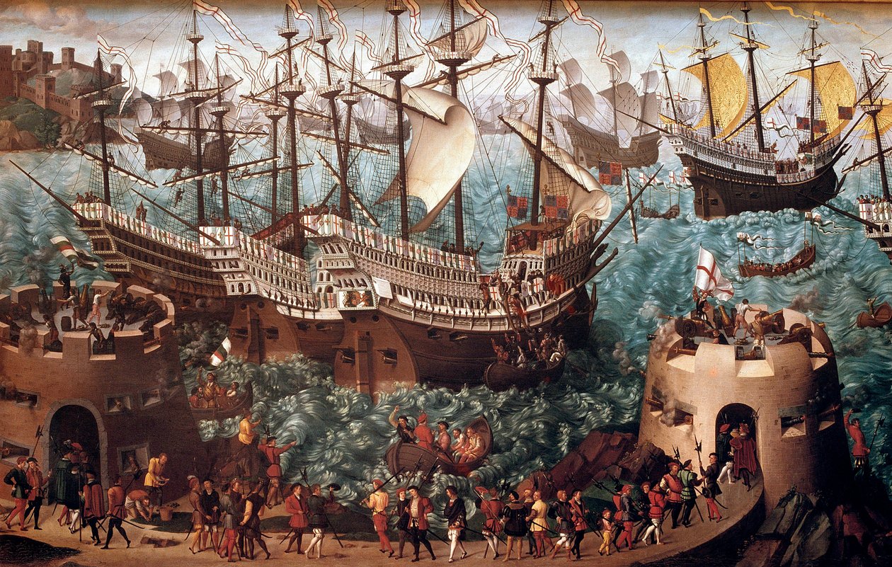 Ombordstigning av Henrik VIII (1491-1547) i Dover på galjonen Henri Grace a Dieu” med anledning av handeln undertecknad med Francois I (Camp du Drap d